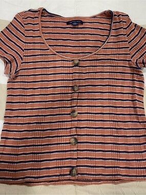 American Eagle Outfitters Striped Button-Front Short Sleeve Tee in Rust and Navy